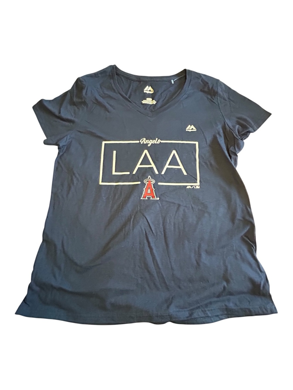 Majestic Navy V-Neck Los Angeles Angels LAA Graphic Tee with Red Accent